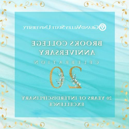 Brooks College Anniversary Celebration graphic aqua blue abstract wave background with golden accents