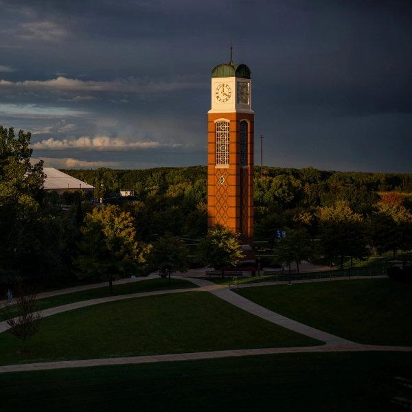 The carillon is bathed in light on the Allendale Campus.