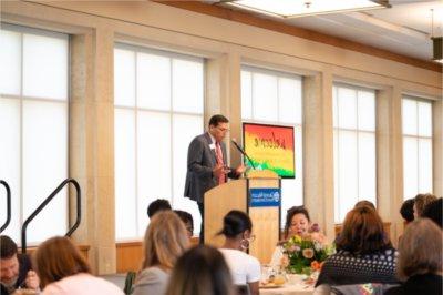 Jesse Bernal, vice president for inclusion and equity, addresses the crowd at the 2023 Juneteenth event.